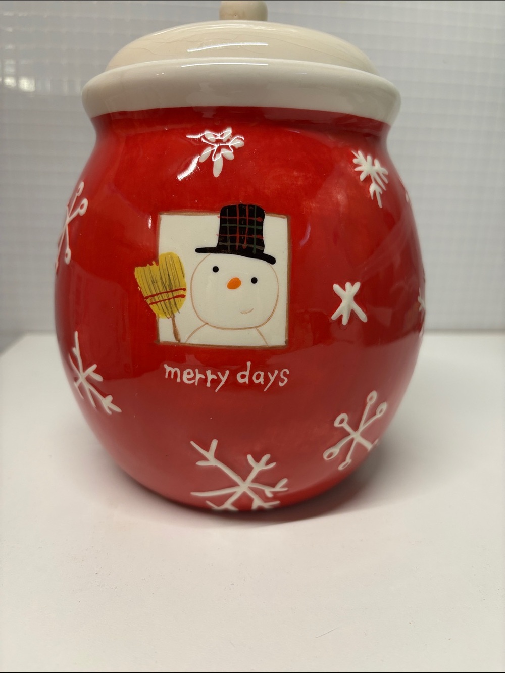 Ceramic Red Snowman Holiday Canister with Cream Lid